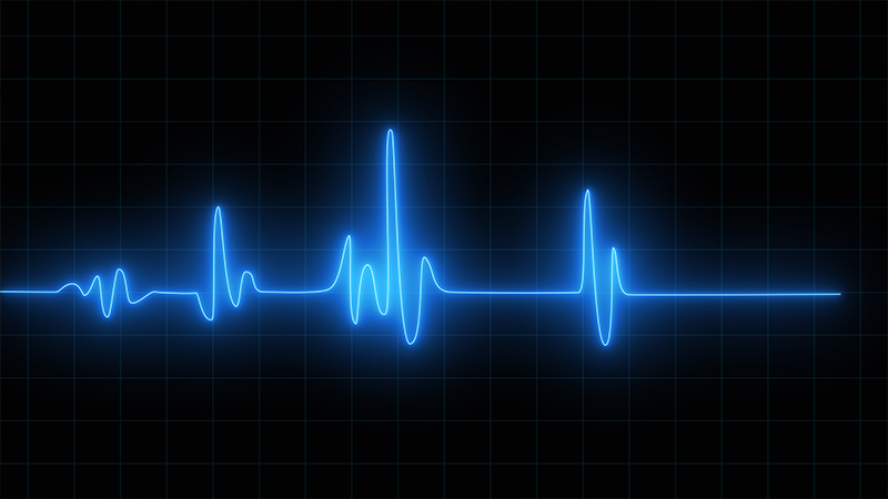 An EKG pulse reading in neon blue with a chart on a black background.