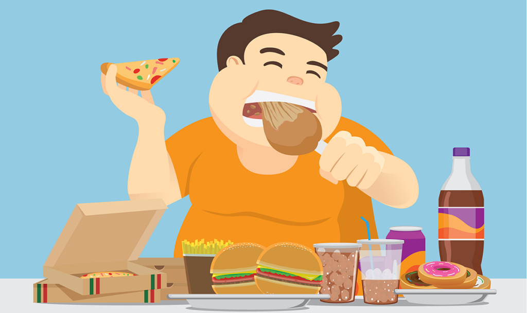 Overweight male eats a bunch of unhealthy fast food. Illustration to highlight binge eating habits.