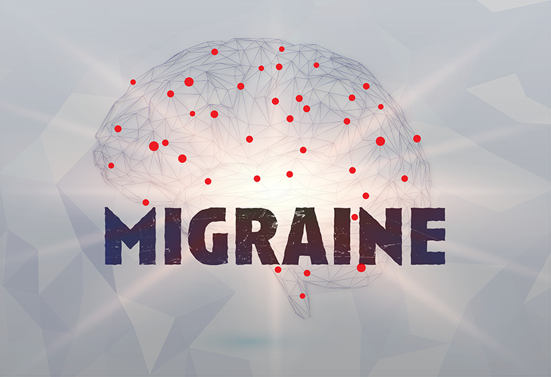 An illustration of a human brain with pressure points (red dots) and the words migraine overlaying the image.