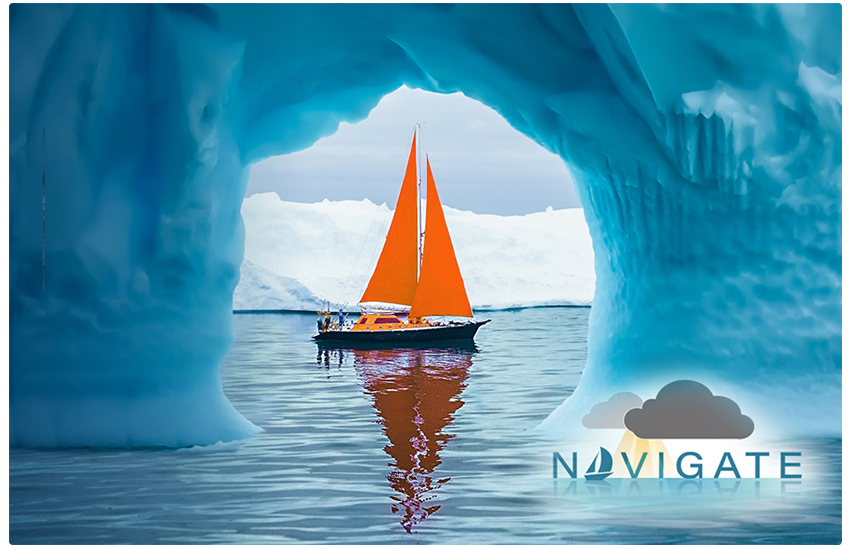 NAVIGATE is a Flu prevention clinical research trial. The illustration is of a boat in the water navigating through an icy tunnel bridge.