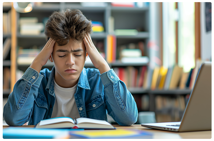 A teen boy sitting in a library, rubbing his temples, with his eyes closed, having difficulty reading a book due to a migraine headache.