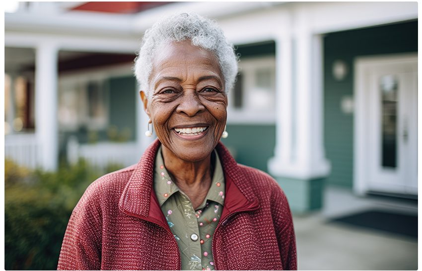 An elderly woman in a red sweater smiles while visiting a nearby clinic for an RSV research treatment to study the effect on her chronic cough.