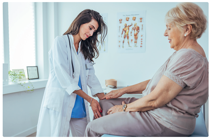 A woman with chronic gout pain in the leg and foot is examined in a physician's office.