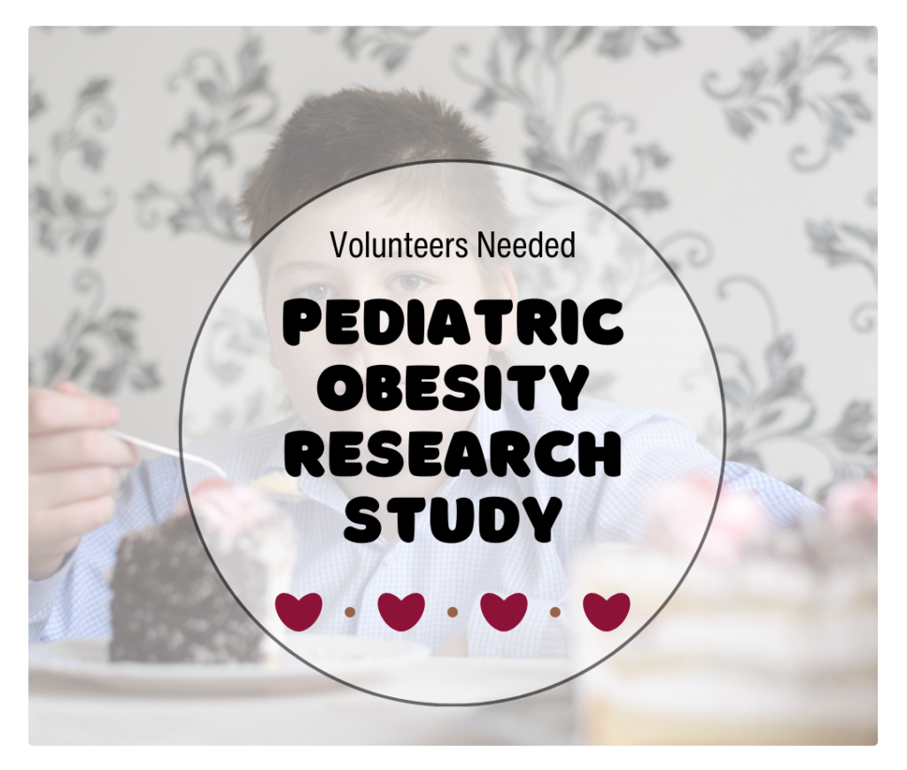 An illustration for a pediatric obesity study with an image of an overweight child eating cake.