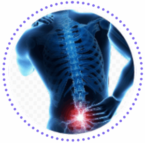 An x-ray of lower back showing chronic pain further illustrated with a hand on the back pain area and a red indicator of pain.